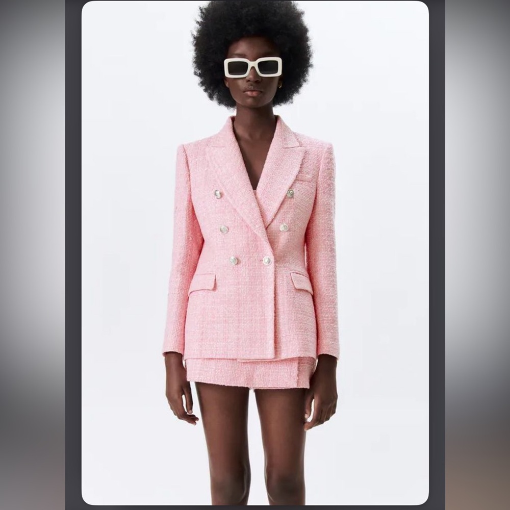 Zara Pink Double-Breasted Tweed Blazer Jacket and Skort Set